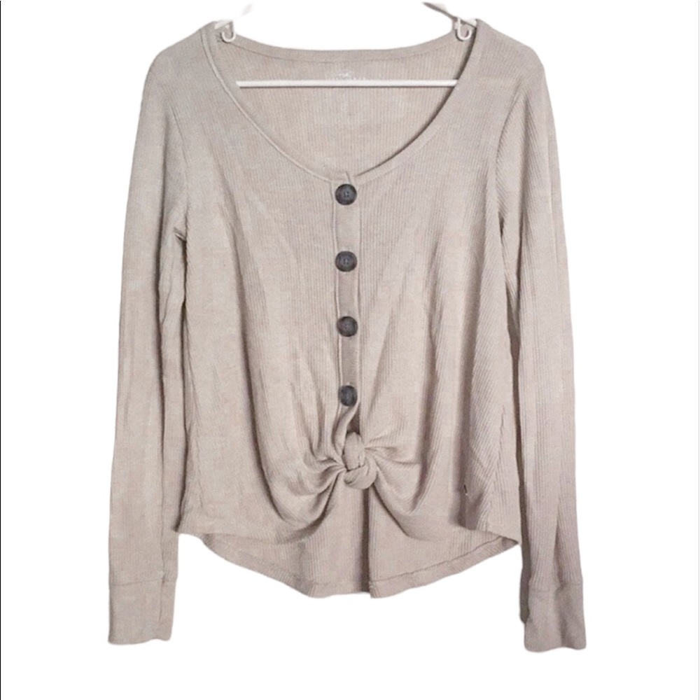 Hollister Waffle Knit Tie-Front Henley Top, Size S - Picture 2 of 5